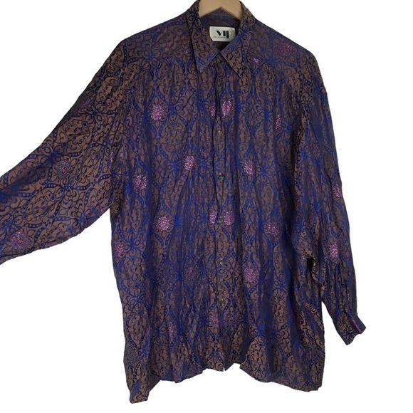 VINTAGE VIP Button Down Shirt Metallic Embroidered Shimmer Retro Funky Medium - Picture 3 of 14